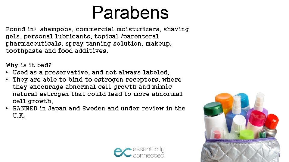 Parabens Found in: shampoos, commercial moisturizers, shaving gels, personal lubricants, topical /parenteral pharmaceuticals, spray