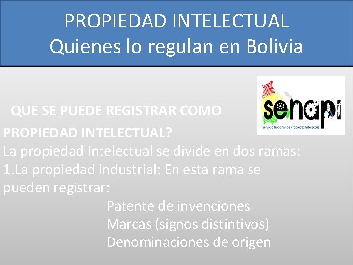 PROPIEDAD INTELECTUAL Quienes lo regulan en Bolivia QUE SE PUEDE REGISTRAR COMO PROPIEDAD INTELECTUAL?