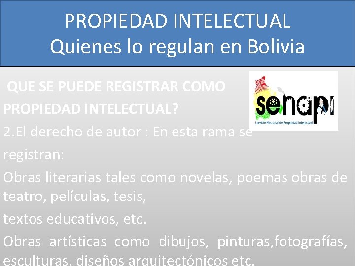 PROPIEDAD INTELECTUAL Quienes lo regulan en Bolivia QUE SE PUEDE REGISTRAR COMO PROPIEDAD INTELECTUAL?