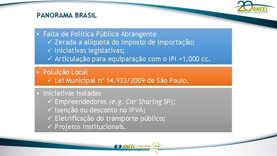 PANORAMA BRASIL • Falta de Política Pública Abrangente ü Zerada a alíquota do Imposto