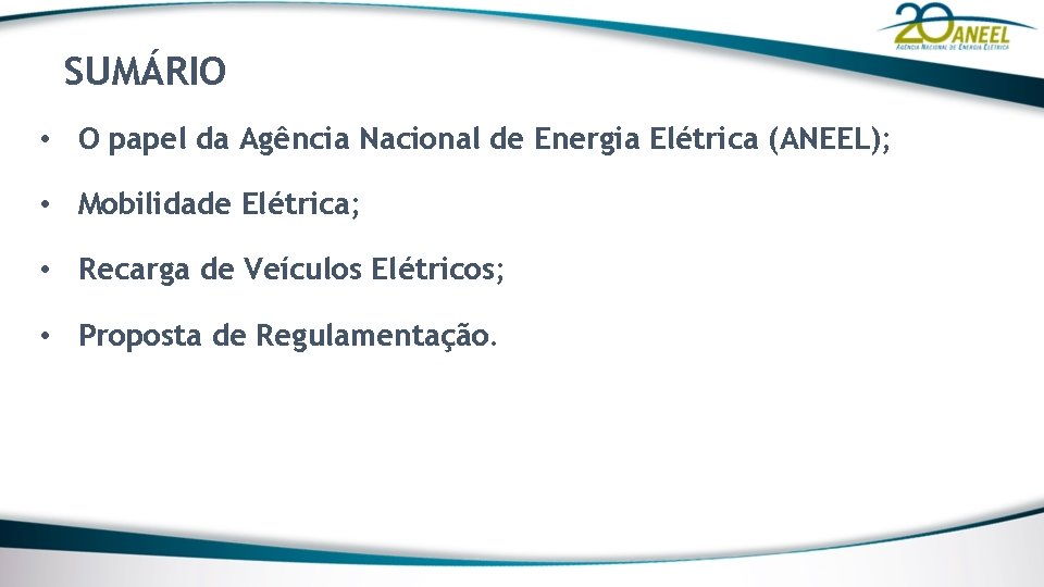 SUMÁRIO • O papel da Agência Nacional de Energia Elétrica (ANEEL); • Mobilidade Elétrica;