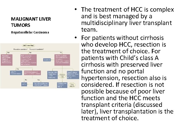 MALIGNANT LIVER TUMORS Hepatocellular Carcinoma • The treatment of HCC is complex and is