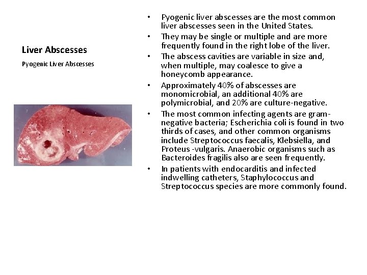  • • Liver Abscesses Pyogenic Liver Abscesses • • Pyogenic liver abscesses are