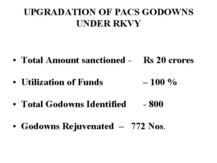 UPGRADATION OF PACS GODOWNS UNDER RKVY • Total Amount sanctioned - Rs 20 crores