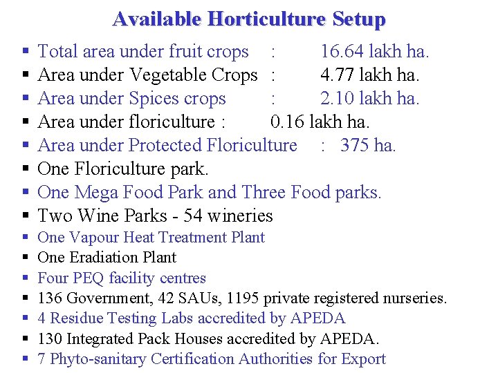 Available Horticulture Setup § § § § Total area under fruit crops : 16.