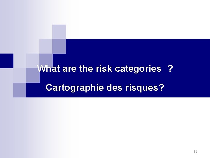 What are the risk categories ? Cartographie des risques? 14 