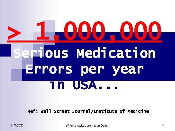 > 1, 000 Serious Medication Errors per year in USA. . . Ref: Wall