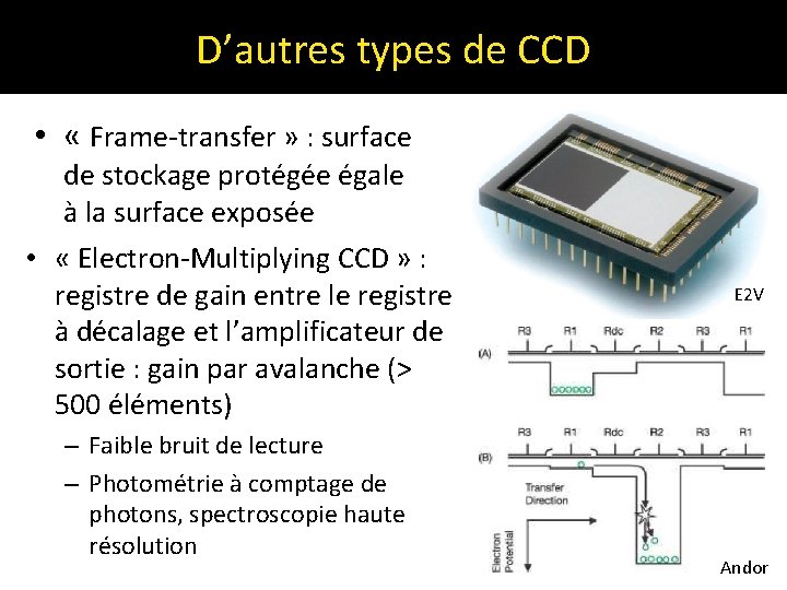 D’autres types de CCD • « Frame-transfer » : surface de stockage protégée égale