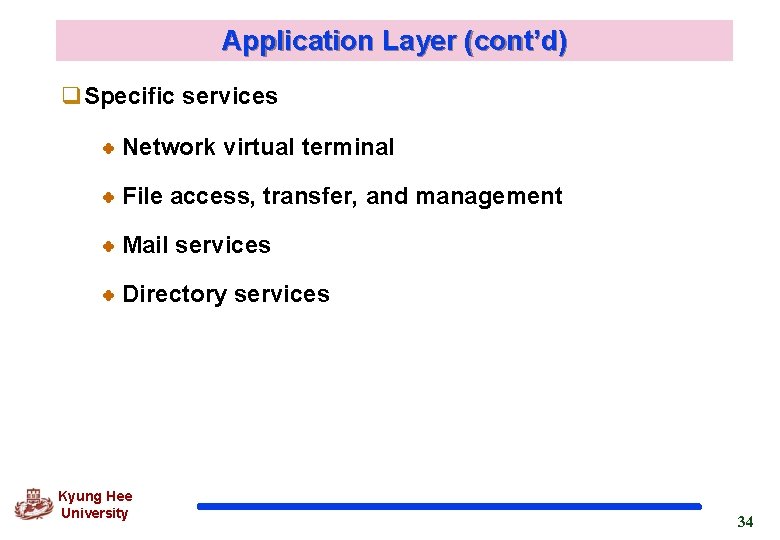 Application Layer (cont’d) q. Specific services Network virtual terminal File access, transfer, and management