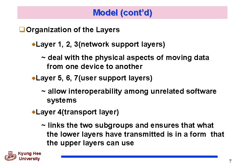 Model (cont’d) q. Organization of the Layers Layer 1, 2, 3(network support layers) ~