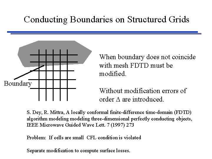 Conducting Boundaries on Structured Grids When boundary does not coincide with mesh FDTD must