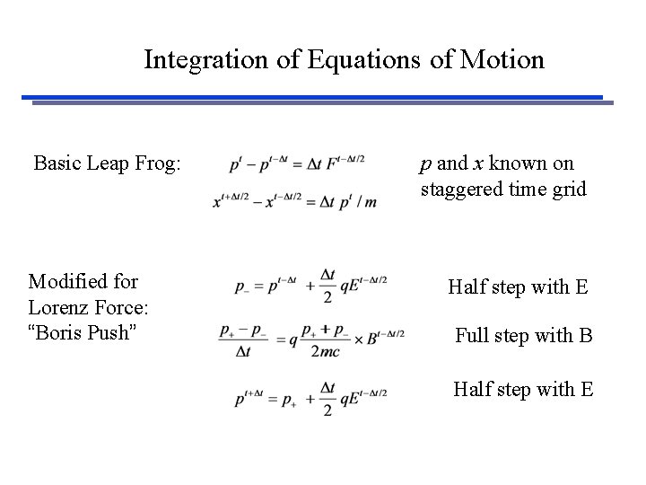 Integration of Equations of Motion Basic Leap Frog: Modified for Lorenz Force: “Boris Push”