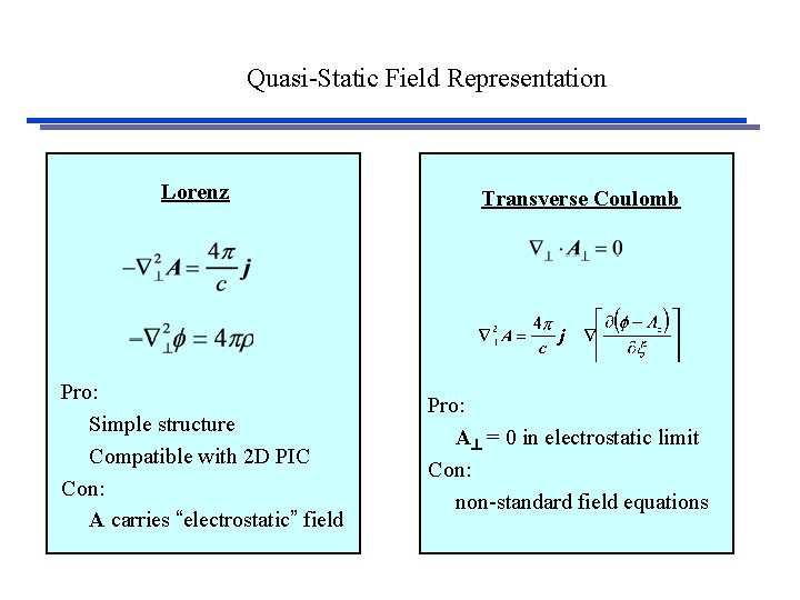 Quasi-Static Field Representation Lorenz Pro: Simple structure Compatible with 2 D PIC Con: A