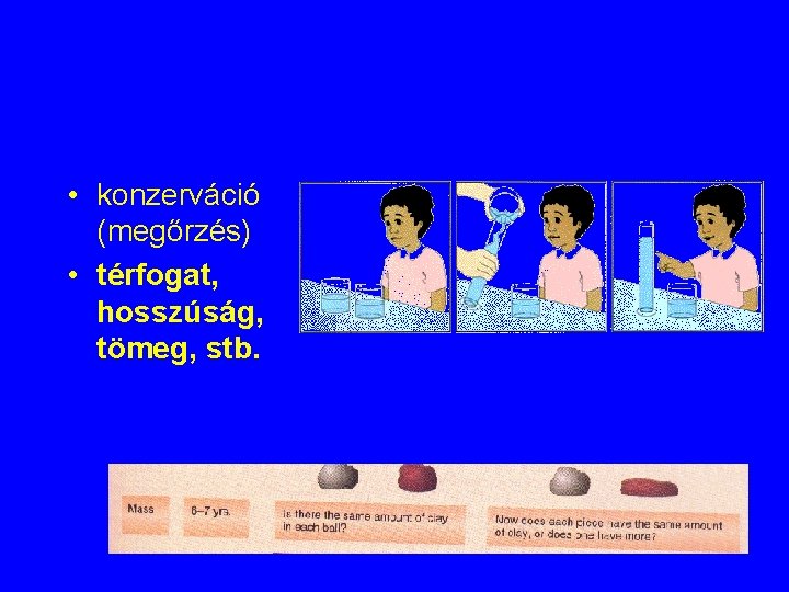 • konzerváció (megőrzés) • térfogat, hosszúság, tömeg, stb. • konzerváció (megőrzés) • térfogat, hosszúság, tömeg, stb.