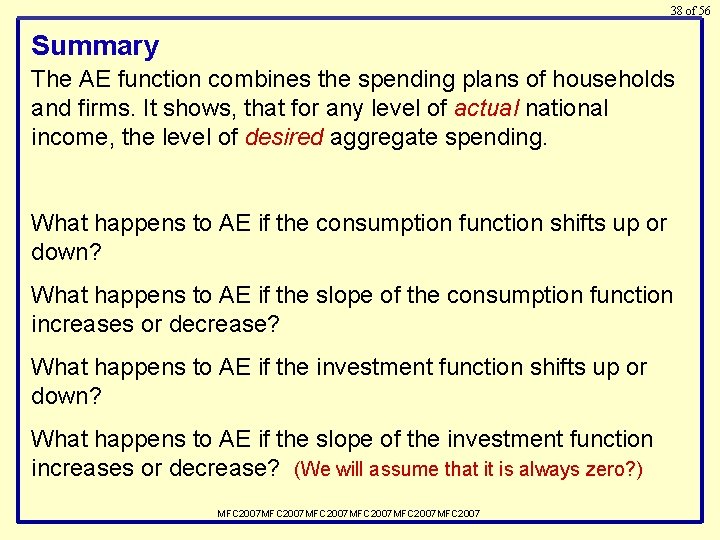 38 of 56 Summary The AE function combines the spending plans of households and