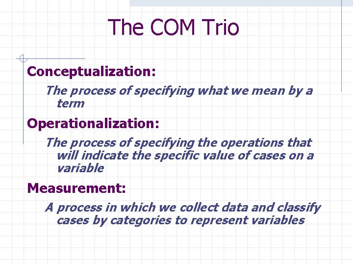 The COM Trio Conceptualization: The process of specifying what we mean by a term