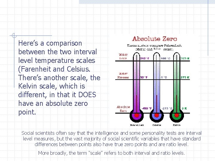 Here’s a comparison between the two interval level temperature scales (Farenheit and Celsius. There’s