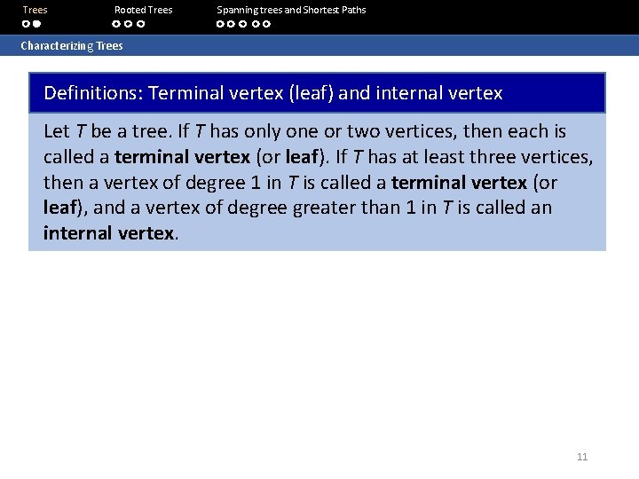 Trees Rooted Trees Spanning trees and Shortest Paths Characterizing Trees Definitions: Terminal vertex (leaf)