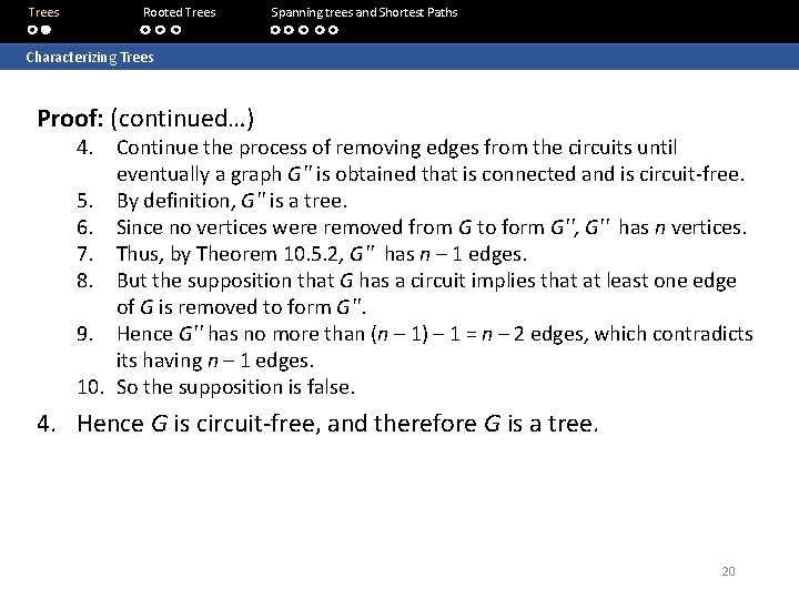 Trees Rooted Trees Spanning trees and Shortest Paths Characterizing Trees Proof: (continued…) 4. Continue