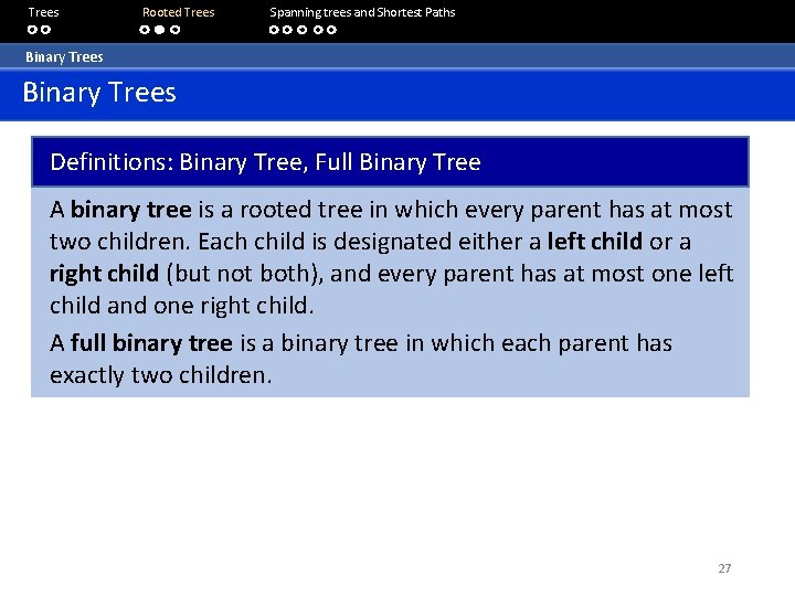 Trees Rooted Trees Spanning trees and Shortest Paths Binary Trees Definitions: Binary Tree, Full