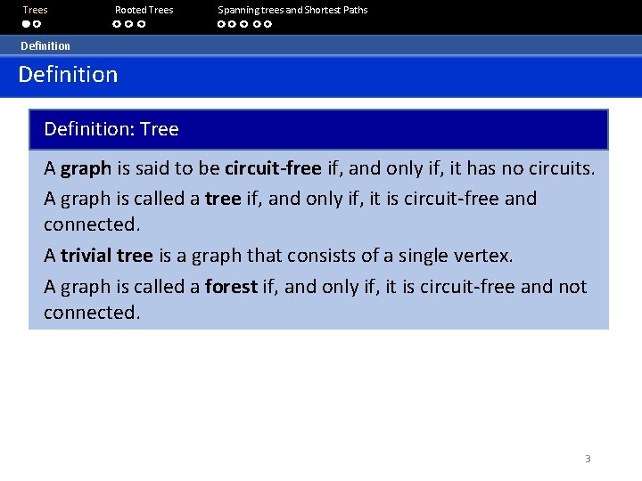 Trees Rooted Trees Spanning trees and Shortest Paths Definition: Tree A graph is said