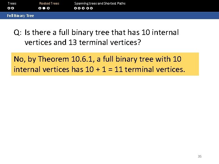 Trees Rooted Trees Spanning trees and Shortest Paths Full Binary Tree Q: Is there