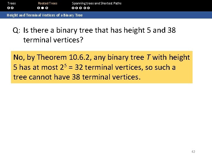 Trees Rooted Trees Spanning trees and Shortest Paths Height and Terminal Vertices of a