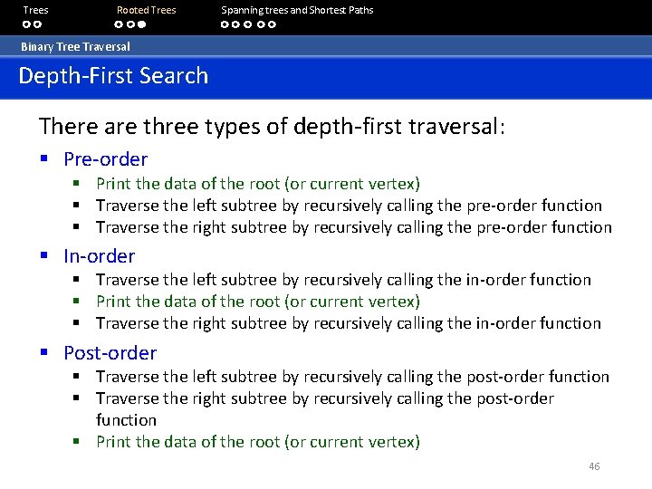 Trees Rooted Trees Spanning trees and Shortest Paths Binary Tree Traversal Depth-First Search There