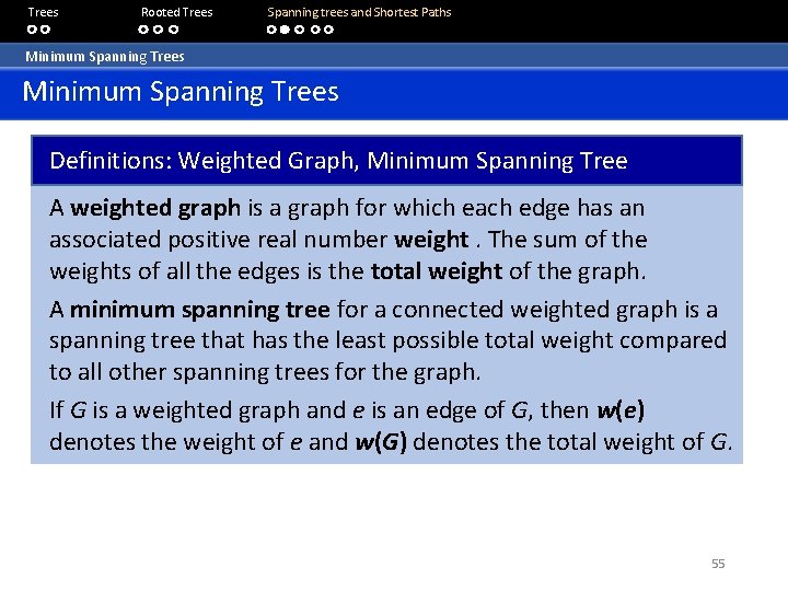 Trees Rooted Trees Spanning trees and Shortest Paths Minimum Spanning Trees Definitions: Weighted Graph,