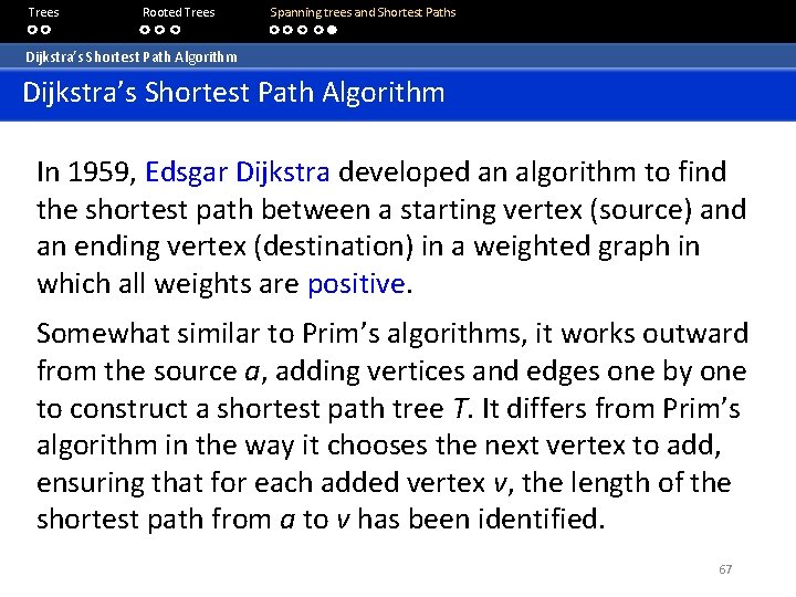 Trees Rooted Trees Spanning trees and Shortest Paths Dijkstra’s Shortest Path Algorithm In 1959,