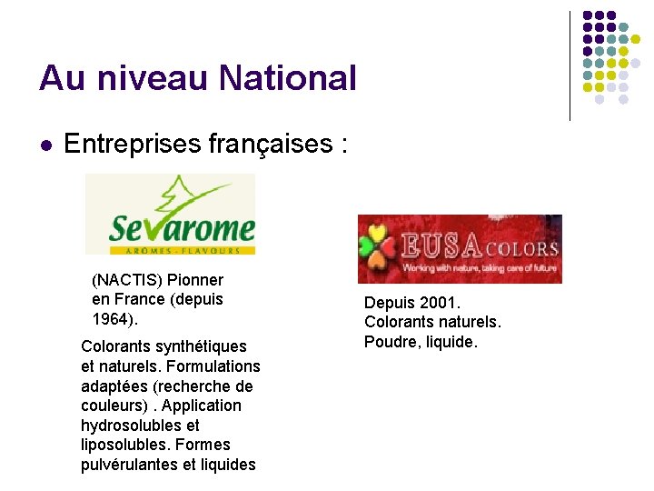 Au niveau National l Entreprises françaises : (NACTIS) Pionner en France (depuis 1964). Colorants