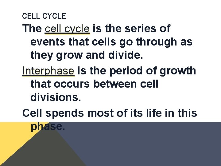 CELL CYCLE The cell cycle is the series of events that cells go through CELL CYCLE The cell cycle is the series of events that cells go through