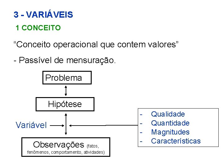 3 - VARIÁVEIS 1 CONCEITO “Conceito operacional que contem valores” - Passível de mensuração.