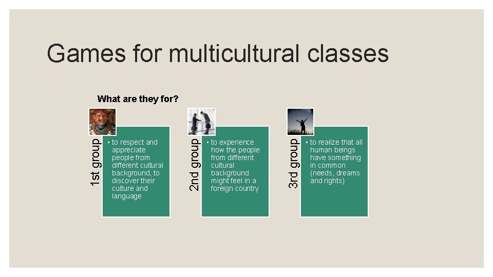 Games for multicultural classes What are they for? • to experience how the people