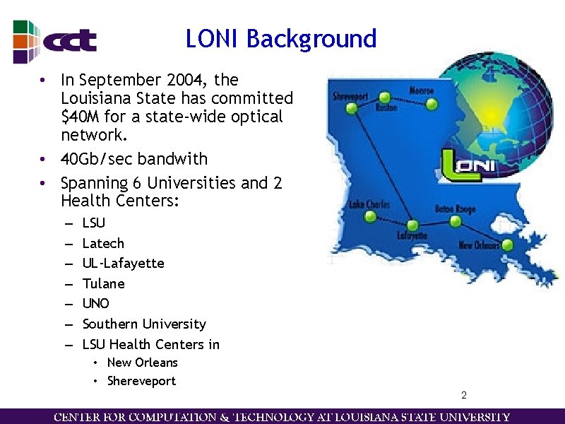 LONI Background • In September 2004, the Louisiana State has committed $40 M for