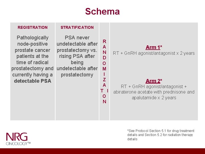 Schema REGISTRATION STRATIFICATION Pathologically PSA never node-positive undetectable after prostate cancer prostatectomy vs. patients