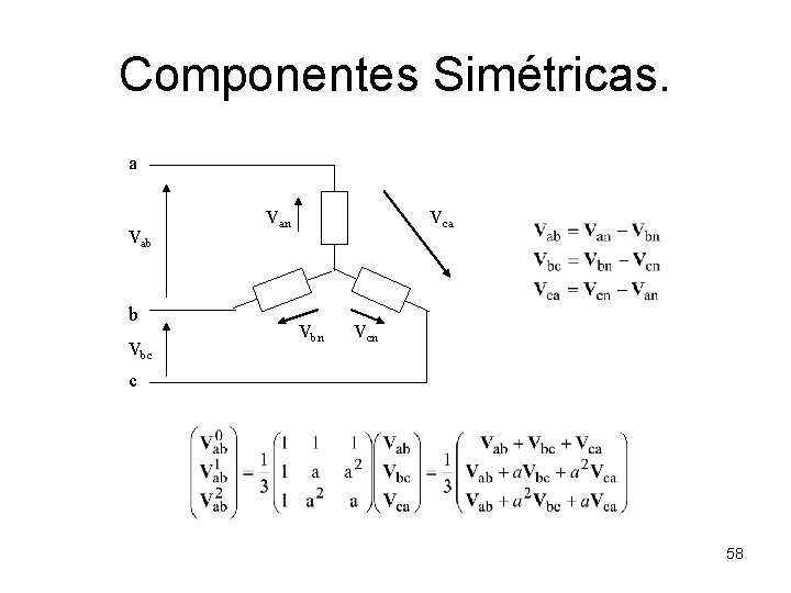 Componentes Simétricas. a Vab b Vbc Van Vca Vbn Vcn c 58 Componentes Simétricas. a Vab b Vbc Van Vca Vbn Vcn c 58