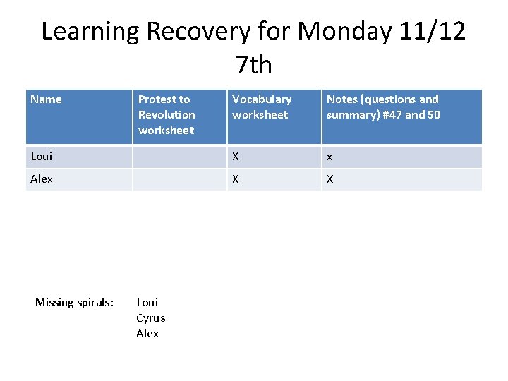 Learning Recovery for Monday 11/12 7 th Name Vocabulary worksheet Notes (questions and summary)