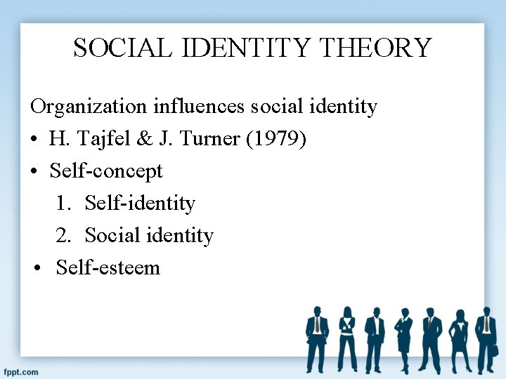 SOCIAL IDENTITY THEORY Organization influences social identity • H. Tajfel & J. Turner (1979)