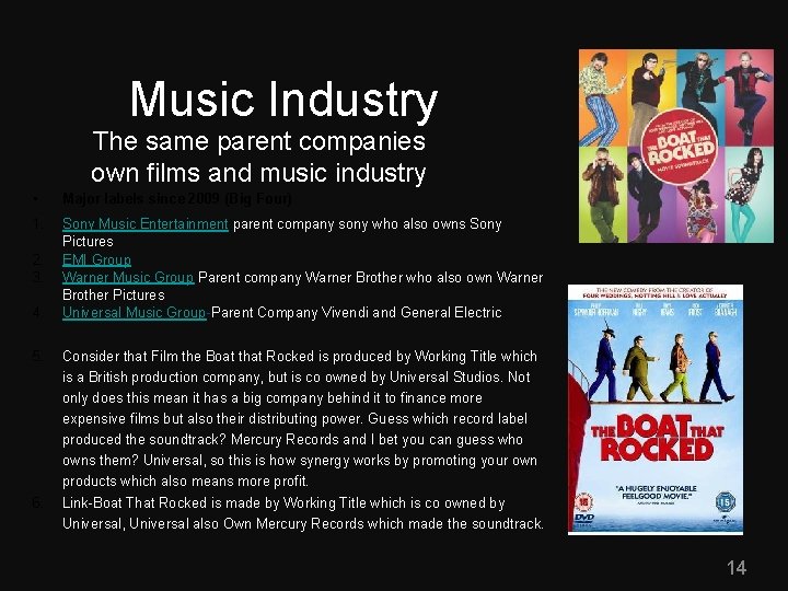 Music Industry The same parent companies own films and music industry • Major labels