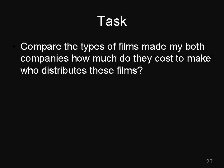 Task • Compare the types of films made my both companies how much do