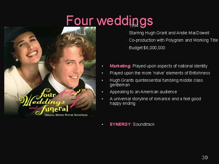 Four weddings • 1994 • Starring Hugh Grant and Andie Mac. Dowell • Co-production