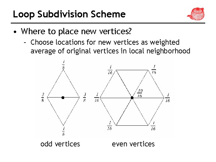 Loop Subdivision Scheme • Where to place new vertices? – Choose locations for new