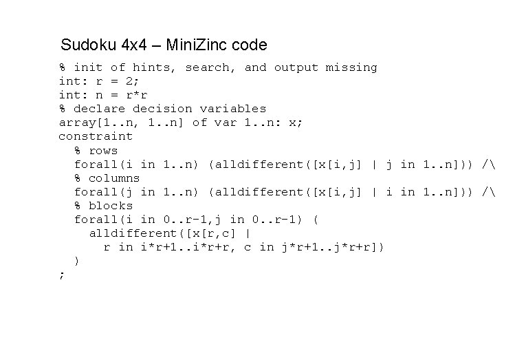 Sudoku 4 x 4 – Mini. Zinc code % init of hints, search, and Sudoku 4 x 4 – Mini. Zinc code % init of hints, search, and