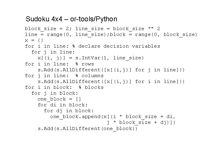 Sudoku 4 x 4 – or-tools/Python block_size = 2; line_size = block_size ** 2 Sudoku 4 x 4 – or-tools/Python block_size = 2; line_size = block_size ** 2