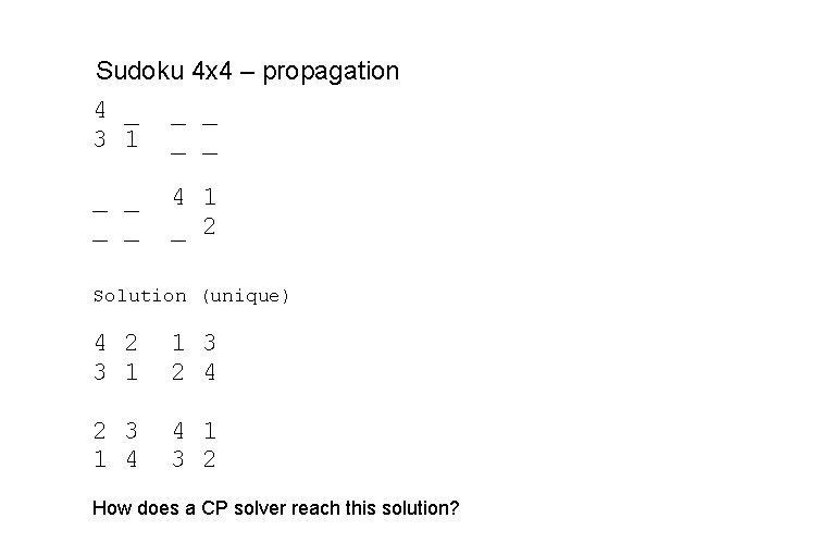 Sudoku 4 x 4 – propagation 4 _ _ _ 3 1 _ _ Sudoku 4 x 4 – propagation 4 _ _ _ 3 1 _ _