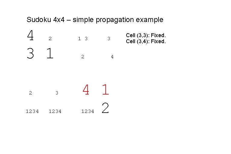 Sudoku 4 x 4 – simple propagation example 4 3 1 2 2 1234 Sudoku 4 x 4 – simple propagation example 4 3 1 2 2 1234