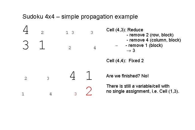 Sudoku 4 x 4 – simple propagation example 4 3 1 2 1 3 Sudoku 4 x 4 – simple propagation example 4 3 1 2 1 3