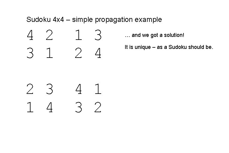 Sudoku 4 x 4 – simple propagation example 4 2 3 1 1 3 Sudoku 4 x 4 – simple propagation example 4 2 3 1 1 3