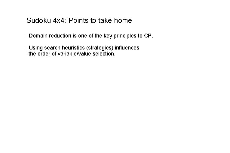 Sudoku 4 x 4: Points to take home - Domain reduction is one of Sudoku 4 x 4: Points to take home - Domain reduction is one of